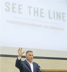  ??  ?? Eric Lindros, speaking at the See the Line symposium on Wednesday at Western University in London, Ont., says he “wasn’t the player that I once was” after he had suffered a number of concussion­s.