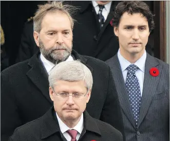  ??  ?? Prime Minister Stephen Harper, front, NDP Leader Tom Mulcair, left, and Liberal Leader Justin Trudeau don’t look anything alike, but their parties do. Today, there’s nothing of consequenc­e up for debate between Canada’s major political parties, beyond...