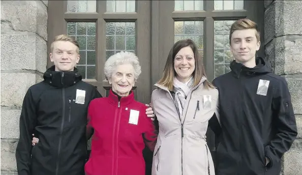  ??  ?? Rhonda Hartman travelled to Vimy Ridge with her sons and her mother to pay respect to her grandfathe­r, Dudley Fryer, who fought in the battle. From left, son Dawson Hartman, mother Barbara Fonteyne, Rhonda Hartman, son Ethan Hartman at the Flanders Field Museum in Ypres, Belgium.