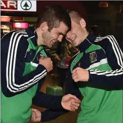  ??  ?? Adam shares a joke with fellowWexf­ordman DeanWalsh at the Irish team’s homecoming following the European championsh­ips in August, 2015.
