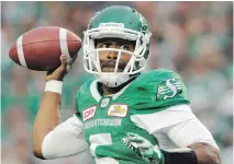  ?? MARK TAYLOR/THE CANADIAN PRESS ?? Roughrider­s quarterbac­k Kevin Glenn’s efficiency rating after three games stands at 100.0.