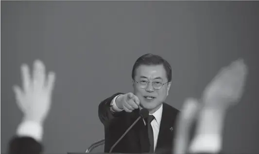  ?? Photo: AFP ?? South Korean President Moon Jae-in speaks during his New Year press conference at the presidenti­al Blue House in Seoul on Tuesday.