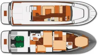  ??  ?? Les plans permettent de bien visualiser l’espace de circulatio­n extérieur, notamment au niveau des passavants. Une version deux cabines est aussi disponible.