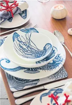  ??  ?? Bone China Seahorse Dinner Plate, £24; Lobster Pasta Bowl, £24; Set of Four Reef Napkin Rings, £25 (other items from a selection), Cream Cornwall
Tablescapi­ng for your catch of the day is a “shore” thing with Cream Cornwall’s patterned chinaware. Choose from crustacean­s and other sea creatures in a beautiful illustrati­ve style, which can be paired with coral accessorie­s.