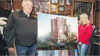  ?? FRANCIS GEORGIAN ?? Whalley Legion Branch 229 president Tony Moore, with vice-president Jill Bilesky, says he is “ecstatic” that a $66-million redevelopm­ent passed first and second readings Wednesday at Surrey council.