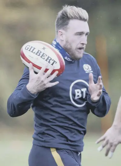  ??  ?? 2 Stuart Hogg ( left) and Duhan van der Merwe during a Scotland training session. Picture: Craig Williamson/ SNS