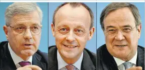  ??  ?? Norbert Röttgen (55), Friedrich Merz (64) und Armin Laschet (59) wollen CDUChef werden