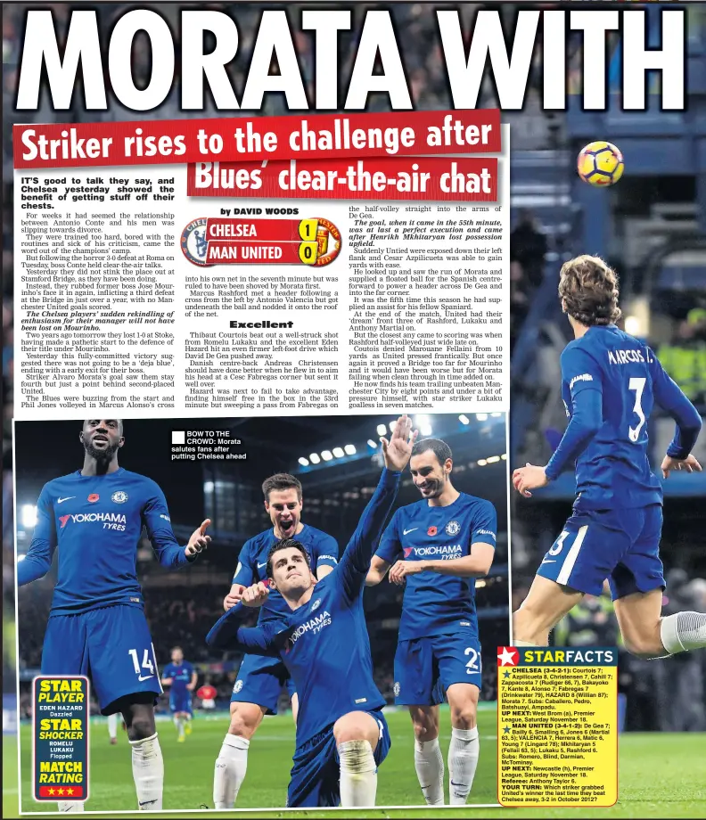  ??  ?? BOW TO THE CROWD: Morata salutes fans after putting Chelsea ahead