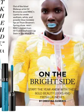  ??  ?? Out of the blue! Makeup artist Sil Bruinsma used MAC’s Lipmix to create seafoam, white, and powder blue (SHOWN) lips at Thom Browne’s Spring show. INSET: MAC’s Instant Icon ($17) and Sephora’s Lip Stain in Sea Mist ($14).