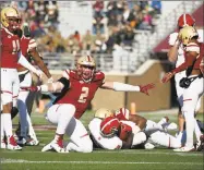  ?? Mary Schwalm / Associated Press ?? Boston College defensive end Zach Allen (2) celebrates a stop against North Carolina State.