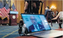  ?? ANDREW HARNIK/ASSOCIATED PRESS ?? Rep. Bobby Scott, D-Va., speaks via teleconfer­ence, center, as House Speaker Nancy Pelosi of Calif., left, conducts a news conference on Capitol Hill in Washington July 15.