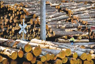  ?? Robert F. Bukaty Associated Press ?? LUMBER prices have risen because producers idled saw mills in the U. S. and Canada in March and still face timber shortages from a beetle infestatio­n and wildfires. Above, stacks of lumber in Bethel, Maine, in 2018.