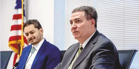  ?? EDDIE MOORE / ALBUQUERQU­E JOURNAL ?? New Mexico Public Regulation Commission­ers Patrick O’Connell, right, and Gabriel Aguilera, were appointed to the PRC by the governor.