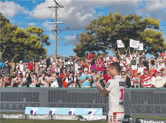  ?? Picture: Kevin Farmer ?? NRL DREAM: A St George Illawarra Dragons player thanks supporters after the round three NRL game at Clive Berghofer Stadium in 2018.