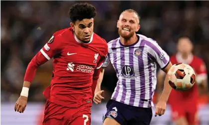  ?? ?? Liverpool’s Luis Díaz chases down a loose ball against Toulouse. Photograph: Andrew Powell/Liverpool FC/Getty Images
