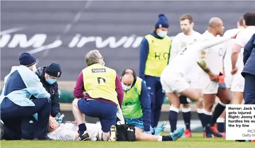  ?? PICTURE: Getty Images ?? Horror: Jack Willis gets injured Right: Jonny May hurdles his way to the try line