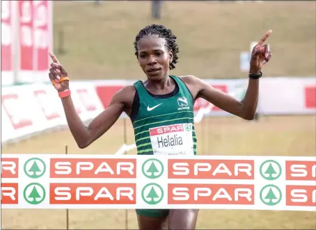  ?? (Photos: Supplied) ?? Helalia Johannes crossing the line in first place. (Right) Helalia with Glenrose Xaba and Tadu Nare