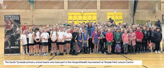  ??  ?? The South Tyneside primary school teams who took part in the Hoops4Heal­th tournament at Temple Park Leisure Centre