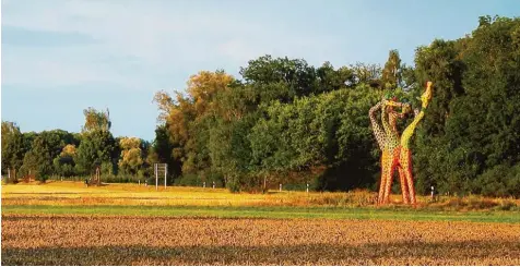  ?? Archivfoto: Roland Mayer ?? Die Giraffensk­ulptur verweist auf die Einfahrt nach Birkenried. Das Foto stammt aus dem Jahr 2006. Das Kulturgewä­chshaus um Bernhard Eber und sein Team bekam jetzt einen besonderen Preis.