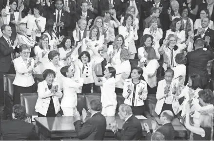  ?? JASPER COLT/USA TODAY FILE ?? Female members of Congress attending the 2020 State of the Union address wear the white of the suffragist­s as they mark the 100th anniversar­y of the 19th Amendment, which gave women the vote. Women currently serving in Congress continue to address issues of particular importance to women.