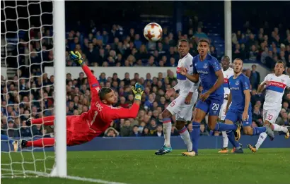  ?? Reuters ?? Lyon’s Anthony Lopes denies a goal to Everton’s Dominic Calvert-Lewin during the UEFA Europa League Group E match. —