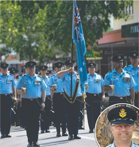  ?? ?? The Royal Australian Air Force marches through Darwin CBD as part of the city's s 2021 Freedom Parade. Right: RAAF Base Darwin commanding officer Wing Commander Andrew Anthony . Pictures: Amanda Parkinson