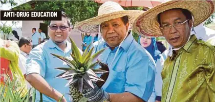  ?? PIC BY ABNOR HAMIZAM ?? Nada director-general Datuk Dr Abd Halim Mohd Hussin holding a Titigold pineapple harvested at the launch of the ‘Nanas Titigold’ programme in Jelebu yesterday.