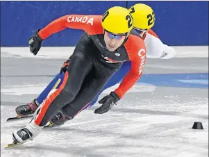  ?? PHOTO SPECIAL TO THE GUARDIAN BY JOHN ROWLEY ?? P.E.I. masters speed skater Rob Binns, front, is pictured competing in the Masters Internatio­nal Short Track Games in April 2017. The Stratford resident finished second overall in the recent North American virtual short track masters time trial...