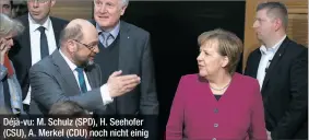  ??  ?? Déjà-vu: M. Schulz (SPD), H. Seehofer (CSU), A. Merkel (CDU) noch nicht einig