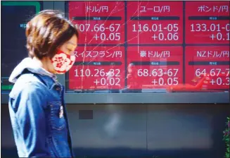  ?? (AP) ?? A woman wearing a mask to help stop the spread of the new coronaviru­s walks past an electronic stock board showing Japan yen and other foreign currencies conversion rates at a securities firm in Tokyo, April 24. Asian shares are lower Friday after an early rally on Wall Street suddenly vanished, the latest example of how fragile the
hopes underpinni­ng the stock market’s monthlong recovery are.