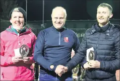  ?? Pic: Sean Burke) ?? Club chairperso­n, Fred Dollion, presenting prizes at the Mitchelsto­wn Tennis Club SuperValu sponsored club finals, to Joanne Davern and Daniel Keane. (