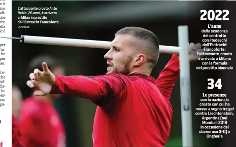  ?? LAPRESSE ?? L’attaccante croato Ante Rebic, 26 anni, è arrivato al Milan in prestito dall’Eintracht Francofort­e