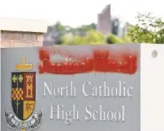  ?? AP PHOTO BY KEITH SRAKOCIC ?? Paint covers the name of Cardinal Wuerl at Cardinal Wuerl North Catholic High School in Cranberry Township, Pa.