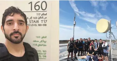  ?? ?? ↑
A videograb shows Sheikh Hamdan after climbing the 160th floor of Burj Khalifa, and (right) with his team.