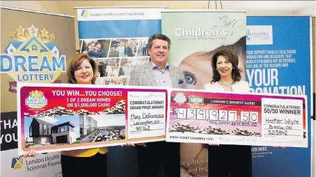  ?? DREAM LOTTERY ?? Leamington’s Mary Defrancisc­o, left, celebrates Thursday as the grand-prize winner of the Dream Lottery, along with John MacFarlane, CEO of the London Health Sciences Centre Foundation, and Heather Whyte, winner of the Dream Lottery’s 50/50 draw.