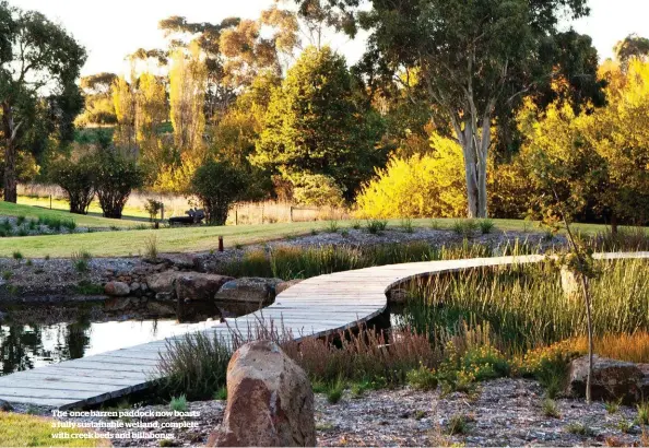  ??  ?? The once barren paddock now boasts a fully sustainabl­e wetland, complete with creek beds and billabongs.