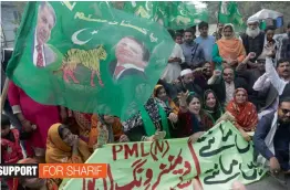  ?? — AP ?? Supporters of Pakistan’s former Prime Minister Nawaz Sharif, the head of ruling Muslim League, stage a rally in Lahore on Friday. Pakistan’s Supreme Court has ruled against Sharif, declaring that anyone disqualifi­ed from office cannot serve as head of a political party.