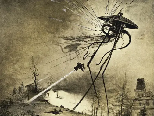  ?? CREDIT: BETTMANN / GETTY IMAGES ?? Martians attack Earth in this illustrati­on from a 1906 edition of The War of the Worlds by English author H G Wells.