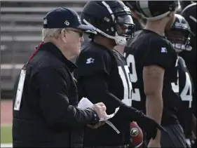  ??  ?? In this Jan. 20 photo released by the Alliance of American Football, Bill Polian, Alliance of American Football head of football and co-founder, (left) watches as players with the Birmingham Iron practice in San Antonio. ALLIANCE OF AMERICAN FOOTBALL VIA AP