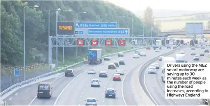  ??  ?? Drivers using the M62 smart motorway are saving up to 30 minutes each week as the number of people using the road increases, according to Highways England