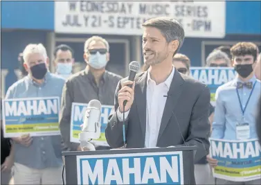  ?? KARL MONDON/BAY AREA NEWS GROUP ?? San Jose city councilmem­ber Matt Mahan announces his run for mayor of the city of San Jose on Sept. 25 during a campaign stop at the county fairground­s in San Jose.