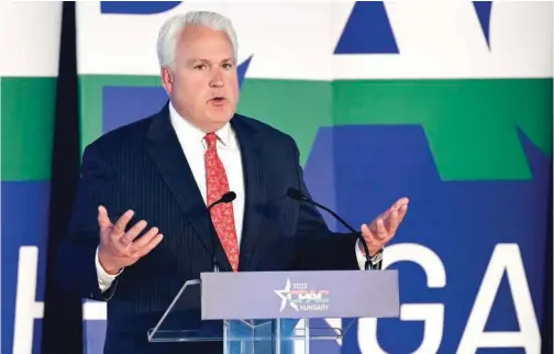 ?? Associated Press ?? The chairman of the Conservati­ve Political Action Coalition (CPAC), Matt Schlapp, delivers the welcome speech at the CPAC conference in Budapest, Hungary.