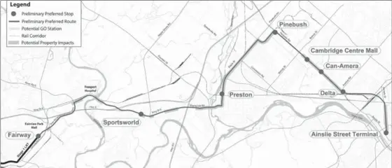  ?? RECORD STAFF ?? The preliminar­y preferred route for Stage 2 of light rail transit from Kitchener to Cambridge.