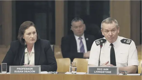  ?? PICTURE: ANDREW COWAN ?? 0 Susan Deacon with Deputy Chief Constable Iain Livingston­e who was told deliberati­ons were ongoing