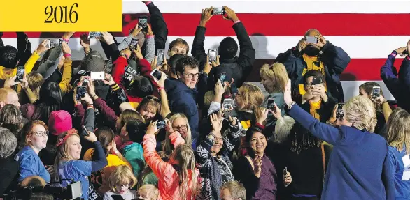  ?? GENE J. PUSKAR / THE ASSOCIATED PRESS ?? Democratic presidenti­al candidate Hillary Clinton poses for group selfies following her speech at Pittsburgh’s Heinz Field on Friday. Though Clinton has been a passionate advocate for feminism, her critics say she has worked against the most...