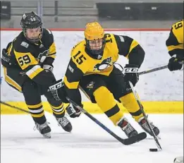  ?? Joe Sargent photograph­y/Pittsburgh Penguins ?? Evan Vanden Heuvel (15) controls the puck for 2003 Elite against 2003 Black's Hunter Fetterolf of Quaker Valley in the 14under MidAmerica­n championsh­ip March 11 at UPMC Lemieux Sports Complex. 2003 Elite won the game, 4-0, to advance to the national championsh­ip April 5-9 in Charlotte, N.C.