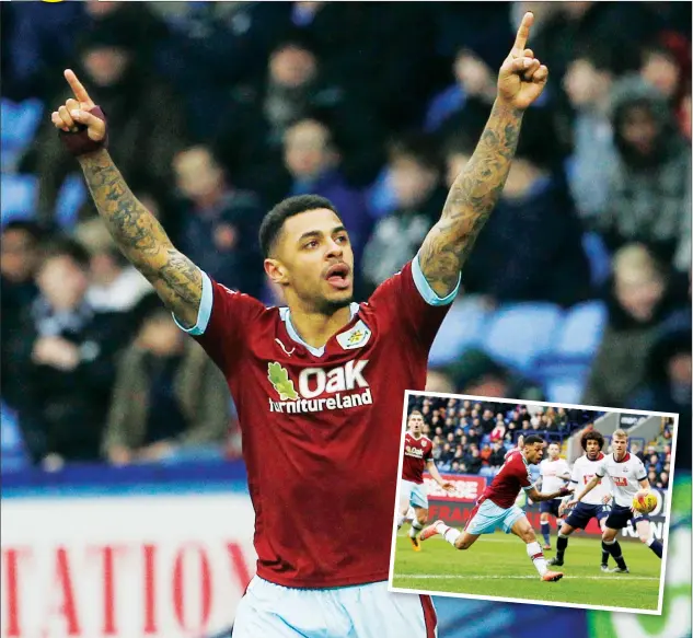  ?? PICTURES: Action Images ?? DOUBLE TROUBLE: Andre Gray celebrates after scoring his second goal. INSET: The Burnley striker misses an opportunit­y