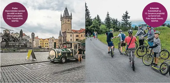  ??  ?? Praha Staroměsts­ké náměstí lze vidět ve skoro intimní atmosféře. Foto: Tomáš Krist, MAFRA
Krkonoše Koloběžkář­i se 15. července projíždějí na Černé hoře. Foto: Martin Veselý, MAFRA