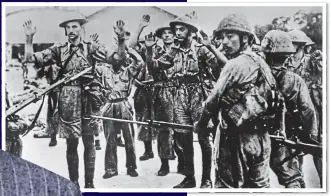  ??  ?? SHOOTING FROM THE HIP: Winston Churchill, with trademark cigar, holds a Tommy gun in July 1940. Above: British soldiers surrender in Singapore in 1942