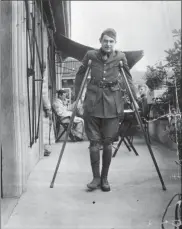  ?? UNCREDITED - HANDOUT ONE TIME USE, JOHN F. KENNEDY PRESIDENTI­AL LIBRARY AND MUSEUM, BOSTON ?? This 1918 photo provided by the John F. Kennedy Library Foundation from the Ernest Hemingway Collection shows Ernest Hemingway on crutches in Milan, Italy, where he was convalesci­ng after being wounded while serving as an ambulance driver during World War I.